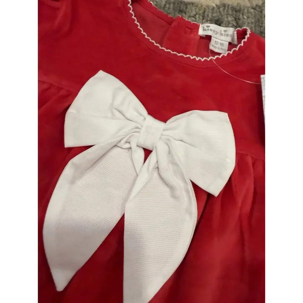 Kissy Kissy Red Velour Holiday Dress With Bow 12-18 Months NWT